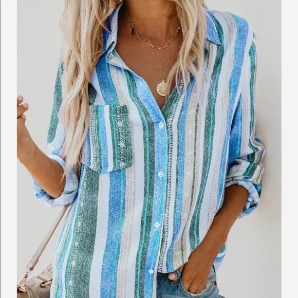 Tops - 1 Left! Striped L.S. Button Down Top in Cool Colors